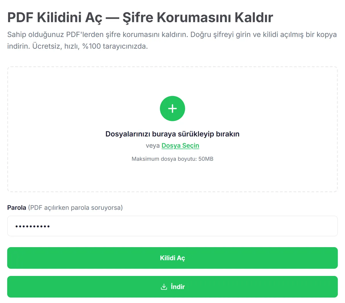 Dokfo PDF Kilidi Aç aracında şifreli PDF seçilmiş, parola girilmiş, Kilidi Aç düğmesine basılmış ve İndir düğmesi görünüyor