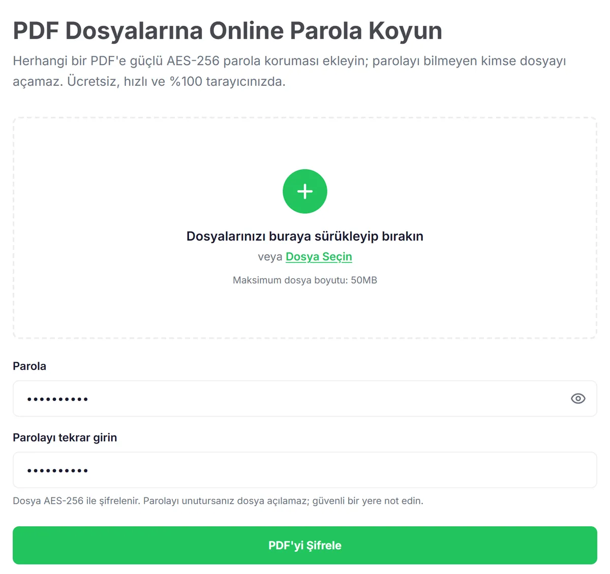 Dokfo PDF Şifrele aracında kira-sozlesmesi.pdf seçilmiş, parola ve parola tekrarı alanları doldurulmuş, AES-256 notu ve PDF'yi Şifrele düğmesi