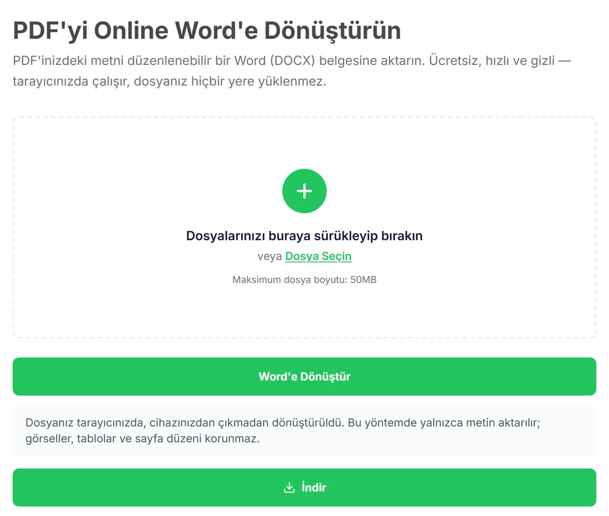 Dokfo PDF → Word aracında bir PDF dönüştürülmüş; yalnızca metnin aktarıldığını, görsellerin, tabloların ve sayfa düzeninin korunmadığını belirten not ve İndir düğmesi