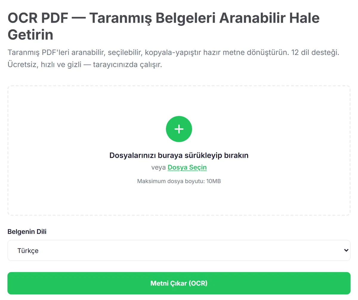 Dokfo OCR PDF aracında taranmış öğrenci belgesi PDF'i seçilmiş, belgenin dili olarak Türkçe seçili ve Metni Çıkar (OCR) düğmesi görünüyor